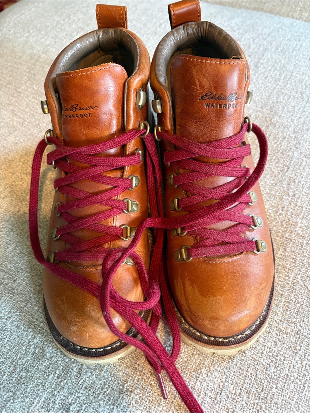 Eddie Bauer K-Series Tan Leather Waterproof Hiking Boots Vibram Women 9 Burgundy